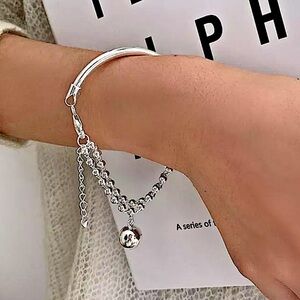 Sterling Silver Beaded Bangle Ball Drop Bracelet
